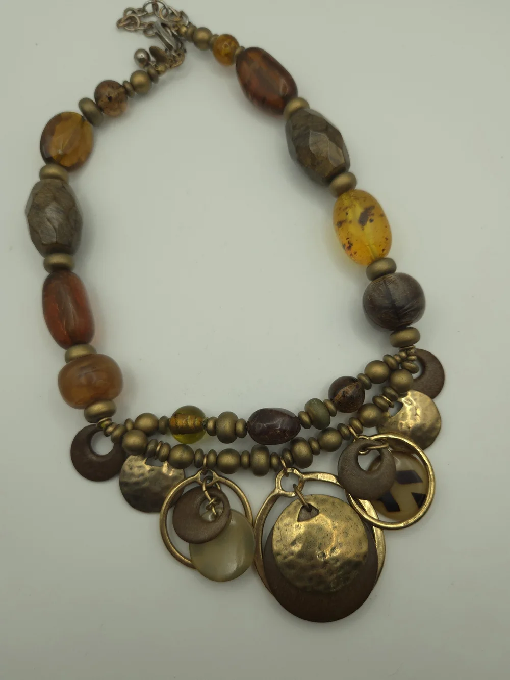 Chico's Multi-Media Bead Amber Brass Disc Brown Layered Necklace Rustic Boho Art
